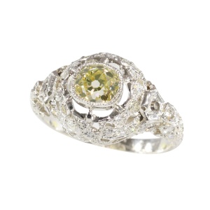 Edwardian Platinum Ring with Fancy Yellow Diamond  A Lacy Echo of 1920s Elegance